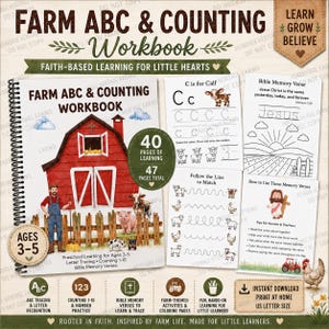 Un cahier d'activités agricoles à vocation religieuse comprenant des exercices de traçage de l'alphabet, des activités de comptage, des pages à colorier et des versets bibliques à mémoriser pour les enfants d'âge préscolaire de 3 à 5 ans.