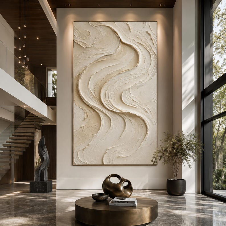 White Textured Abstract Painting Original Hand Painted Neutral Wall 