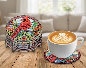 Diamond Art Kit Christmas Cardinal, Heart Shaped Cup Coaster, DIY Diamond Painting Craft, Stress Relief Gift, Non Slip Cork Backing