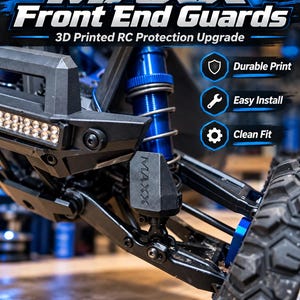 May include: Black 3D printed front end guards for an RC vehicle, featuring the text MAXX on the guard. The image includes the text MAXX Front End Guards, 3D Printed RC Protection Upgrade, Durable Print, Easy Install, Clean Fit, and OldPapaPrints.