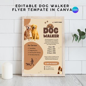 Puede incluir: Una plantilla de folleto beige para paseadores de perros con dos golden retrievers, una ilustración de perro de dibujos animados y el texto "DOG WALKER" y "HAPPY PAWS". El folleto incluye servicios, precios, información de contacto y un botón "GET IN TOUCH".