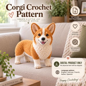 Puede incluir: Un patrón de ganchillo para un perro Corgi con el texto Corgi Crochet Pattern, Create a Little Joy Stitch by Stitch, Detailed Instructions, Clear Photos, Beginner Friendly, Digital Product Only y Happy Crocheting.