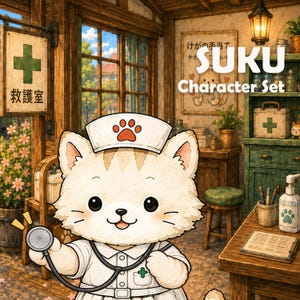 以下が含まれることがあります： ナース服を着た猫のキャラクターのイラスト。足跡マーク入りの白いナースキャップを被り、聴診器を首にかけている。背景には「SUKU Character Set」の文字、緑色の十字マーク、木製の家具、医療器具が描かれている。
