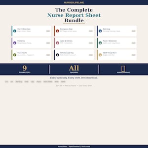Pode incluir: O Complete Nurse Report Sheet Bundle da Nurseslifeline inclui nove documentos PDF imprimíveis para várias especialidades médicas, incluindo ICU, Emergency Dept, Med-Surg, Pediatrics, Labor & Delivery, Psych, Home Health, NGN e SBAR.