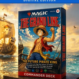 Peut inclure: Une boîte de jeu Magic The Gathering The Grand Line Commander Deck illustrée avec un personnage au chapeau de paille sur un pont de navire. La boîte affiche le texte The Grand Line, The Future Pirate King et quatre symboles de mana colorés.