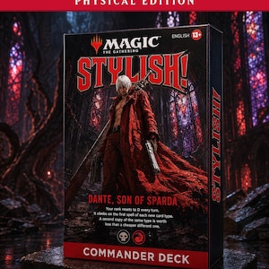 May include: A Magic The Gathering Commander Deck box titled Stylish! featuring Dante, Son of Sparda. The box displays a character in a long red coat holding a large sword and a handgun, with text detailing card rank mechanics and a 13+ age rating.