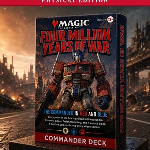 May include: A Magic The Gathering Commander Deck box titled Four Million Years of War. The front features a red and blue robot illustration, the text The Commander in Red and Blue, and game rules. The side panel also displays the title text.