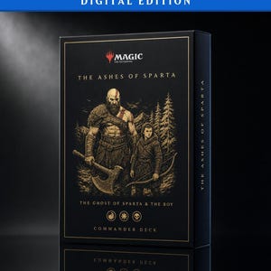 Puede incluir: Una caja rectangular negra de Magic The Gathering Commander Deck titulada The Ashes of Sparta. El frente presenta un dibujo lineal dorado de un guerrero barbudo con un hacha y un niño encapuchado con un arco, con el texto The Ghost of Sparta & The Boy.