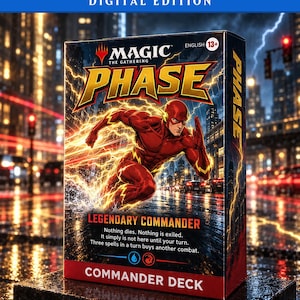 May include: A Magic The Gathering Phase Commander Deck box featuring The Flash in a red suit running through a city. The box displays the text: Digital Edition, Magic The Gathering, Phase, English 13+, Legendary Commander, and Commander Deck.