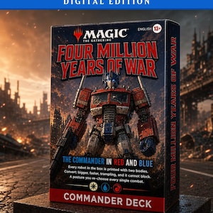以下が含まれることがあります： 赤と青のロボットのイラストが描かれたMagic The Gathering Four Million Years Of War Commander Deckのゲームボックス。箱にはDigital Edition、English 13+、The Commander In Red And Blue、Commander Deckというテキストが表示されています。