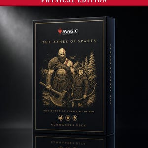 Puede incluir: Una caja rectangular negra de Magic The Gathering Commander Deck titulada The Ashes of Sparta. El frente presenta un dibujo lineal dorado de un guerrero barbudo con un hacha y un niño con un arco, con el texto The Ghost of Sparta & The Boy debajo.