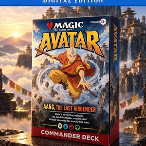May include: A Magic the Gathering Avatar Commander Deck box featuring Aang, the Last Airbender. The box displays Aang with a staff, surrounded by air currents, with the text: Mana is never the problem. You need the master, not the card.