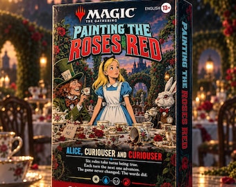 Könnte beinhalten: Eine Magic The Gathering Painting The Roses Red Commander Deck Spielschachtel mit Alice, dem verrückten Hutmacher und dem weißen Kaninchen bei einer Teeparty. Die Box zeigt den Titel, den Text Alice, Curiouser and Curiouser und Regeln auf Englisch.