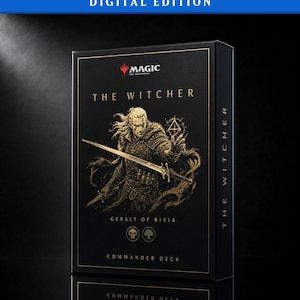Peut inclure: Une boîte rectangulaire noire pour un jeu de cartes Magic The Gathering Digital Edition Commander Deck. Le devant présente le texte doré The Witcher et Geralt of Rivia, avec une illustration d'un guerrier tenant une épée et un symbole magique.