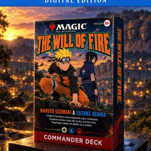 May include: A Magic The Gathering The Will Of Fire Commander Deck box featuring Naruto Uzumaki and Sasuke Uchiha. The box displays the text Naruto Uzumaki & Sasuke Uchiha, game rules, and mana symbols. The artwork shows the characters against a sunset village background with carved stone faces.