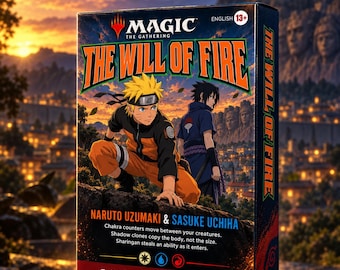 Könnte beinhalten: Eine Magic The Gathering The Will Of Fire Commander Deck Spielschachtel mit Naruto Uzumaki und Sasuke Uchiha. Die Box zeigt den Text Naruto Uzumaki & Sasuke Uchiha, Spielregeln und Manasymbole. Das Bild zeigt die Charaktere vor einem Dorf bei Sonnenuntergang mit in Stein gehauenen Gesichtern.