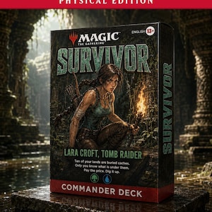 May include: A Magic The Gathering Survivor Commander Deck box featuring Lara Croft Tomb Raider. The black box displays an illustration of Lara Croft holding a torch in a jungle setting. Text includes Magic The Gathering, Survivor, Lara Croft, Tomb Raider, and game instructions. The box has a red bottom border and a red top banner labeled Physical Edition.
