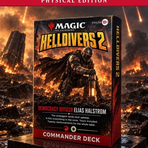 Pode incluir: Uma caixa de baralho Magic The Gathering Helldivers 2 Commander Deck com um soldado de armadura ajoelhado e uma lanterna. O texto diz Physical Edition, Helldivers 2, Democracy Officer Elias Halstrom e regras sobre estratagemas e reforços.
