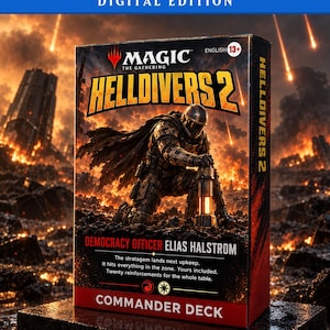 Może przedstawiać: Pudełko do gry Magic The Gathering Helldivers 2 Commander Deck z etykietą edycji cyfrowej. Grafika przedstawia żołnierza w zbroi klęczącego na polu bitwy z tekstem Democracy Officer Elias Halstrom oraz zasadami gry wydrukowanymi poniżej.