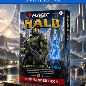 以下が含まれることがあります： Master ChiefとCortanaが描かれたMagic The Gathering Halo Commander Deckのゲームボックス。前面にはゲームタイトル、キャラクター名、および次のテキストが表示されています：Shields recharge only if nobody touches you. A defence fed by other people doing nothing.