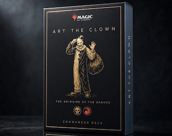 Könnte beinhalten: Eine schwarze Magic The Gathering Commander Deck-Box mit dem Titel Art The Clown: The Grimoire Of The Damned. Die Vorderseite zeigt eine goldene Illustration eines Clowns mit Tasche, einem Totenkopf und einem roten Symbol, umrahmt von Gold.