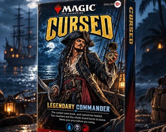 Könnte beinhalten: Eine Magic The Gathering Cursed Legendary Commander Deckbox mit einem Piraten, der einen Kompass und ein Schwert hält. Die Box zeigt den Text Digital Edition, Cursed, Legendary Commander sowie blaue, schwarze und rote Manasymbole.