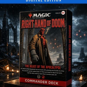 Peut inclure: Une boîte de jeu Magic The Gathering Commander Deck intitulée Right Hand of Doom, illustrée avec Hellboy en trench-coat et une main en pierre. La boîte affiche le texte The Beast of the Apocalypse, English 13+ et des règles de jeu.