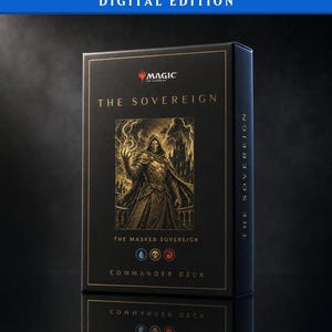 May include: A black rectangular box for a Magic The Gathering Commander Deck titled The Sovereign. The front features gold text and a detailed illustration of a masked figure with lightning, plus four small circular icons in blue, yellow, and red.