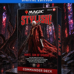 以下が含まれることがあります： 「Stylish!」と題されたマジック：ザ・ギャザリングの統率者デッキの箱。白髪のキャラクターが赤いロングコートを纏い、剣と銃を構えている姿が描かれている。箱にはカードのランクに関するルールと13歳以上対象の表記がある。
