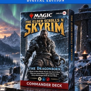 Op de afbeelding: Een Magic The Gathering The Elder Scrolls V: Skyrim Commander Deck doos met een bebaarde krijger in bontpantser die een gehoornde helm vasthoudt. De doos toont de titel, de tekst The Dragonborn, spelregels en drie mana-symbolen.