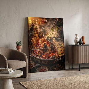 Canvasprint van een Chinese hotpot, surrealistische Aziatische wanddecoratie met eten, speelse keukendecoratie voor fijnproevers, miniatuur landschapskunst voor de eetkamer