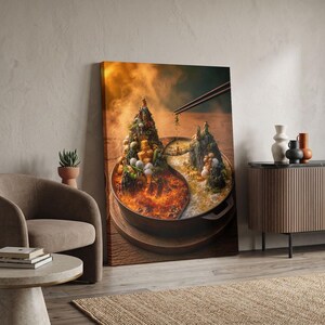 Canvasprint van een Chinese hotpot, miniatuur muurdecoratie met berggerechten, surrealistische Aziatische culinaire decoratie, speelse keukenposter, kunstwerk als cadeau voor foodies