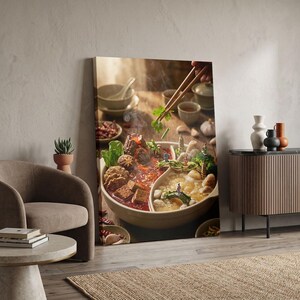 Miniatuur canvasprint van een hotpot, Chinese keuken muurdecoratie, surrealistische keukendecoratie voor fijnproevers, speels kunstwerk voor een Aziatisch restaurant