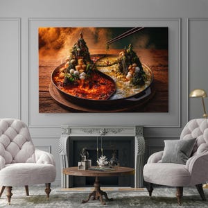 Chinese hotpot muurdecoratie, fantasievolle voedsel canvasprint, Yin Yang bouillon miniatuurlandschap, Aziatische foodie decoratie, eetkamer keuken kunst