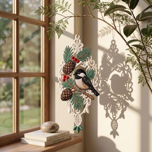 May include: A hanging ornament featuring a black-capped chickadee perched on a branch with pine needles, two brown pinecones, and red berries, all set within an intricate white filigree frame suspended by a thin gold cord.
