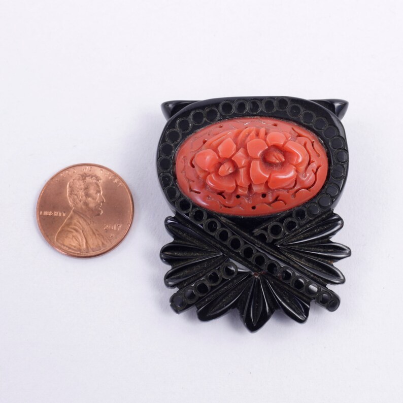 Antique Bakelite Fur Shoe Clip Black and Coral Carved Flowers