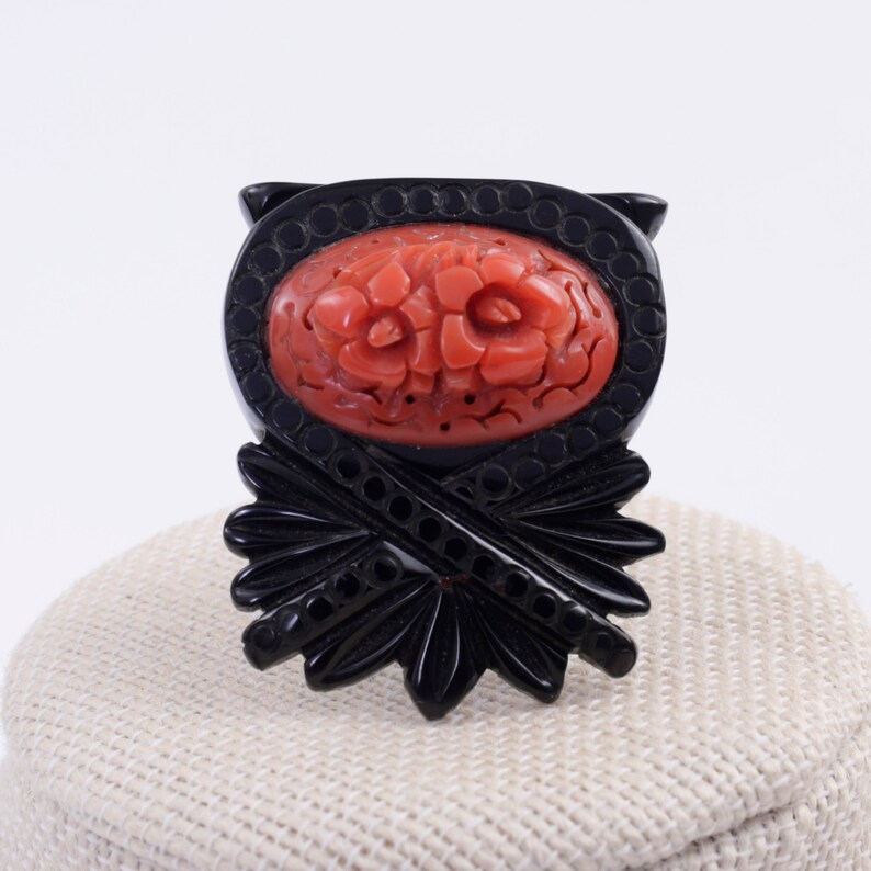 Antique Bakelite Fur Shoe Clip Black and Coral Carved Flowers
