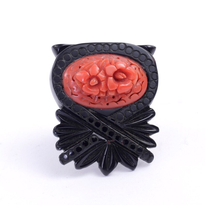 Antique Bakelite Fur Shoe Clip Black and Coral Carved Flowers