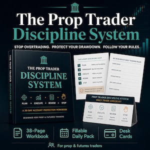 May include: A black workbook titled The Prop Trader Discipline System with a 5-part discipline loop, two white informational sheets, and a desk card. The text includes Stop Overtrading, Protect Your Drawdown, Follow Your Rules, and 38-Page Workbook.