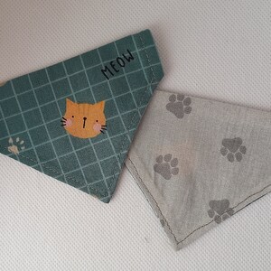 Cat Bandana- &#39;&#39;Plaid, Cat, Paw&#39;&#39;- Meow Cat Bandana/ Double-sided+ Sliding+ Over-the-Collar Kedi Bandana/ Kitten, Cat+ Small Dog Sizes