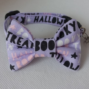 Bow Tie Cat Collar Set- &#39;&#39;Spooky, Purple&#39;&#39;- Written, Halloween Cat Collar w/ Matching Removable Bow Tie/ Boo, Trick or Treat/ Cat, Small Dog