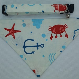 Bandana Cat Collar Set-&#39;&#39;Marine&#39;&#39;- White Beach Cat Collar+ Matching Sliding Bandana/ Spring Summer/ Breakaway / Kitten, Cat, Small Dog Sizes