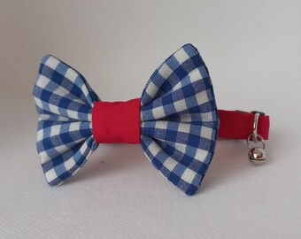 Bow Tie Cat Collar Set- ''Plaid, Gingham''- Red, Breakaway Cat Collar w/ Removable Plaid Bow Tie/ Checkered Bow Tie/ Kitten, Cat, Small Dog