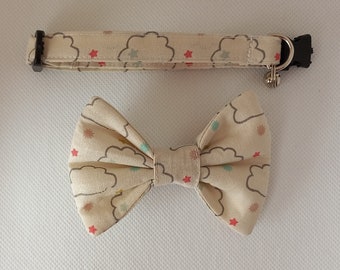 Bow Tie Cat Collar Set- ''Cloud, Star''- Cute, Sky Cat Collar w/ Matching Detachable Bow Tie/ Spring, Summer/ Unisex/ Kitten, Cat+ Small Dog