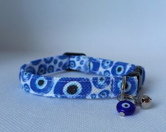 Evil Eye Patterned Cat Collar - "Pine Evil Eye, Bell" - Charm (Breakaway) Cat Collar/ Turkish evil eye/ Cat and Small Dog Sizes/ Pet Gifts