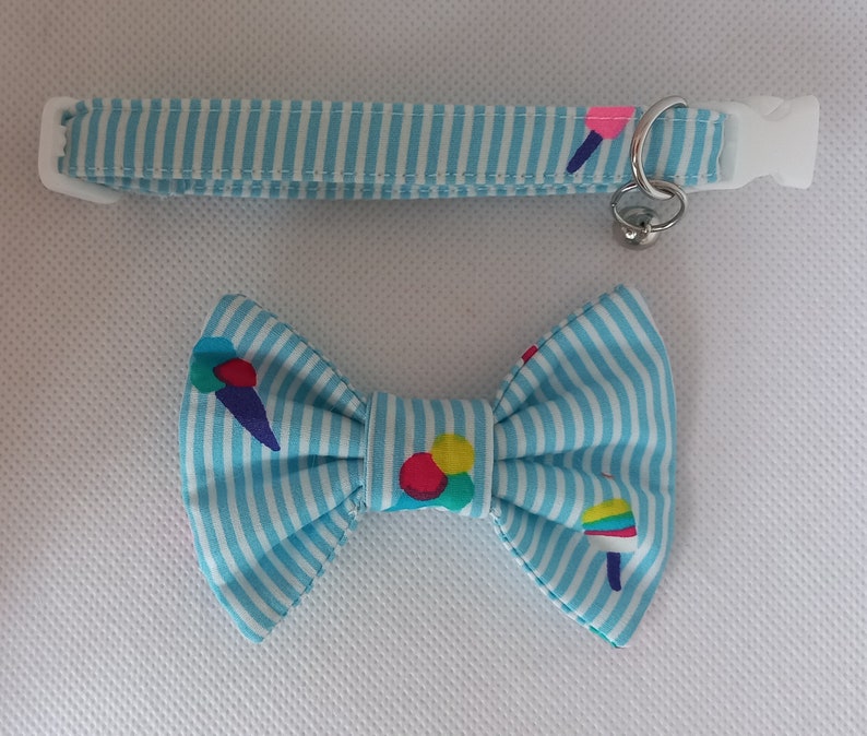 Bow Tie Cat Collar Set ''Small Ice Cream Balls'' Pinstripe Cat Collar Matching Removable Bow Tie/ Summer/ Kitten, Cat and Small Dog Sizes image 2