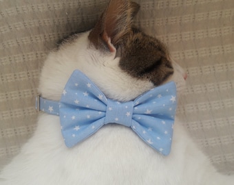 Cat, Bow Tie Collar Set- ''Star, Sky''- Blue, Star Cat Collar + Matching Removable Bow Tie/ Birthday, Party/ Unisex/ Kitten, Cat+ Small Dog