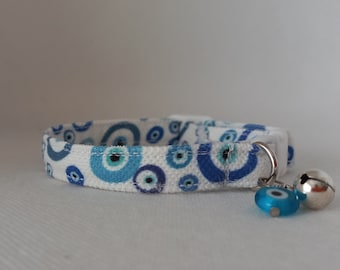 Cat Collar - ''Evil Eye Bead, Blue'' - White Evil Eye Cat Collar/ Breakaway Cat Collar/ Gift for Cat/ Charm, Bell / Cat and Small Dog Sizes