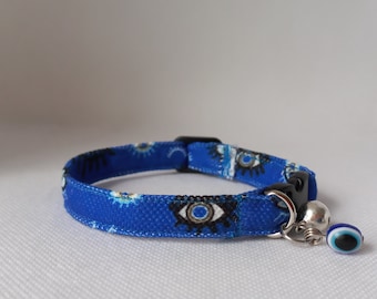Evil Eye Cat Collar- ''Charm, Eye, ''- Deep Blue Cat Collar/ Evil Eye Beaded Cat Collar/ Turkish Evil Eye Cat Collar/ Breakaway/ Small Dog