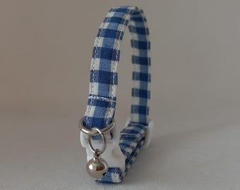 Blue, White Checkered Breakaway Cat Collar/ Gingham Bell Cat Collar/ Plaid Kitten Collar/ Pet Gift/ Meow Cat Collars/ Cat, Small Dog Sizes